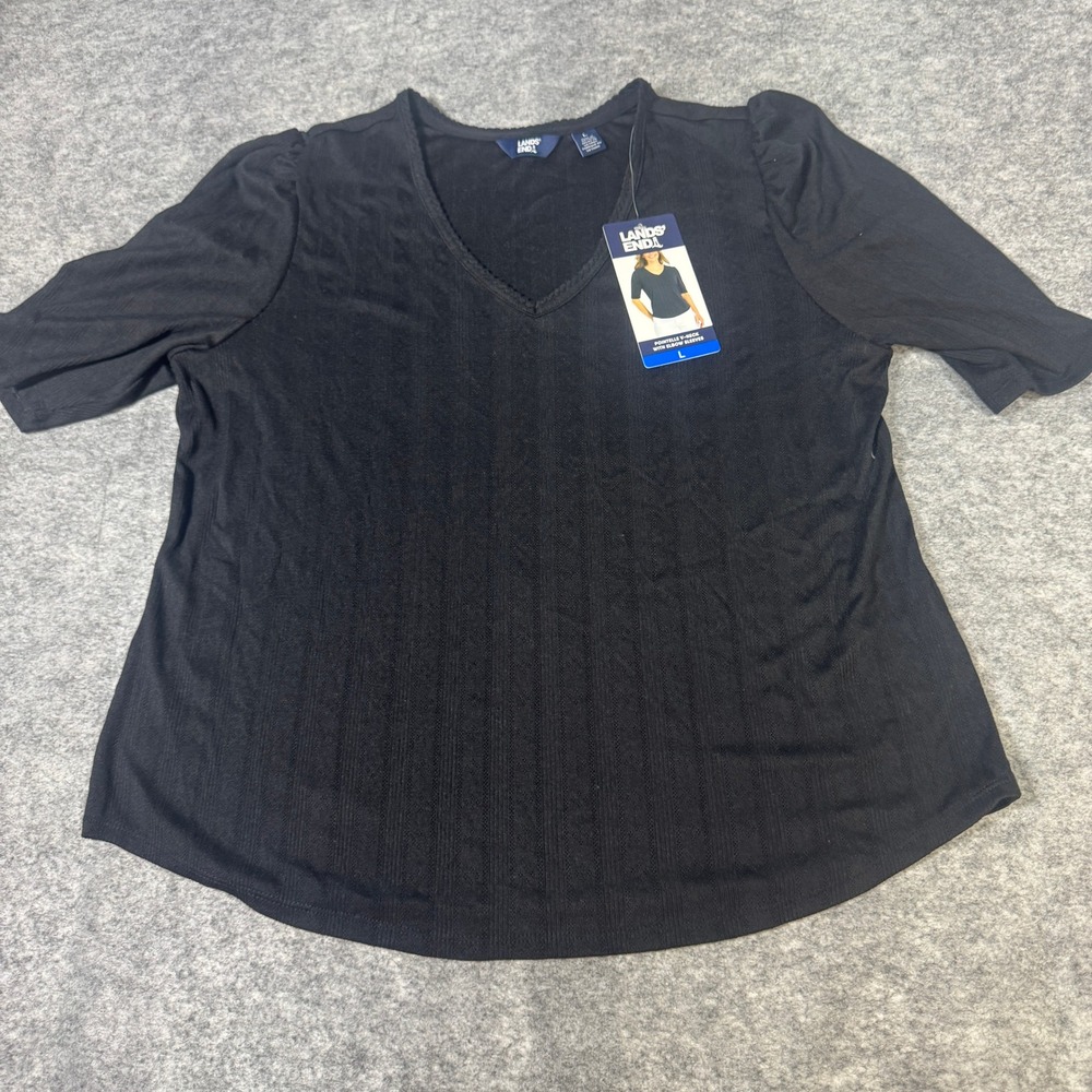 Lands End Womens Black Pointelle V-Neck Elbow Sleeve Top Size L NWT